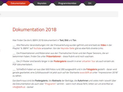 BBFK Dokumentationsseite mit Informationen zu Videos, Fotos etc.