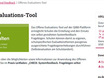 Bildschirmfoto der Seite zum Offenen Evaluations-Tool auf der ARQA-VET Webseite